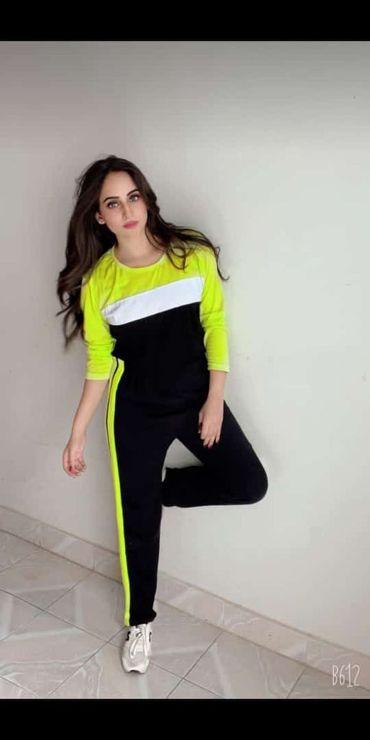 Yellow Full Sleeves Panel Tracksuit For Women