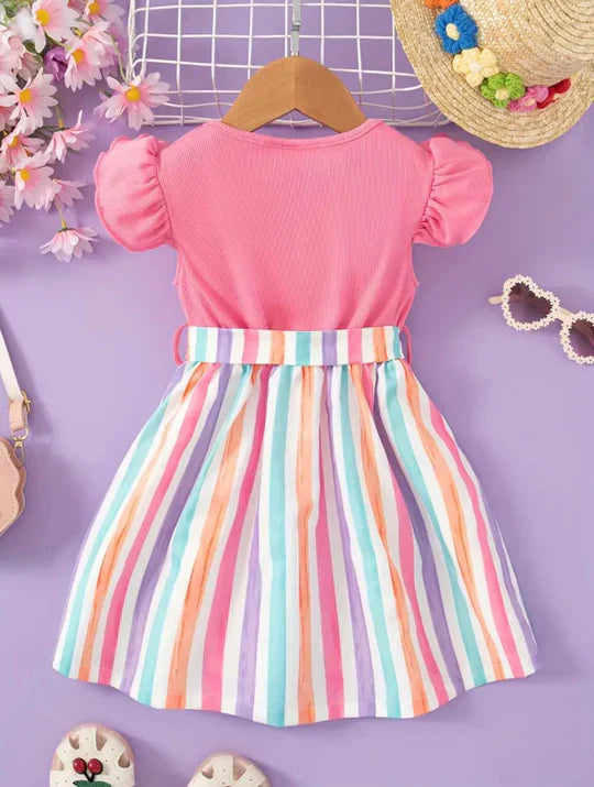 BABY GIRL SPLICING STRIPPED SHORT SLEEVE BELTED DRESS