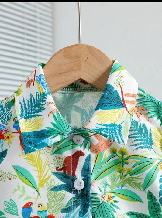 2PCS TROPICAL LEAF & ANIMAL PRINT SHIRT & SHORT SET