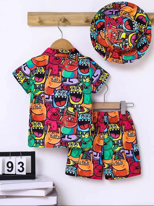 2PCS BABY BOYS CARTOON PRINT SHIRT & ELASTIC WAIST SHORTS SET