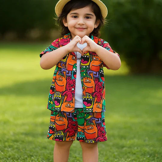 2PCS BABY BOYS CARTOON PRINT SHIRT & ELASTIC WAIST SHORTS SET