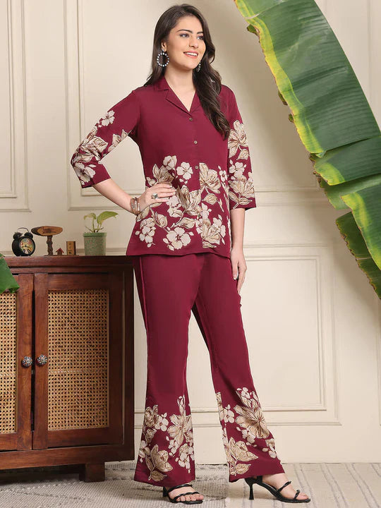 B#255 WINE FLORAL CO-ORD SET