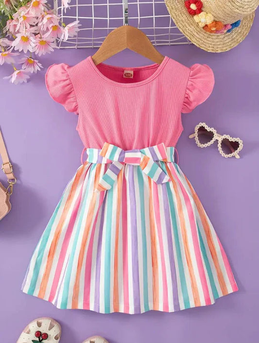 BABY GIRL SPLICING STRIPPED SHORT SLEEVE BELTED DRESS