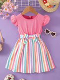 BABY GIRL SPLICING STRIPPED SHORT SLEEVE BELTED DRESS