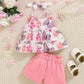 Floral & Butterfly Print Ruffle Hem Top with Short