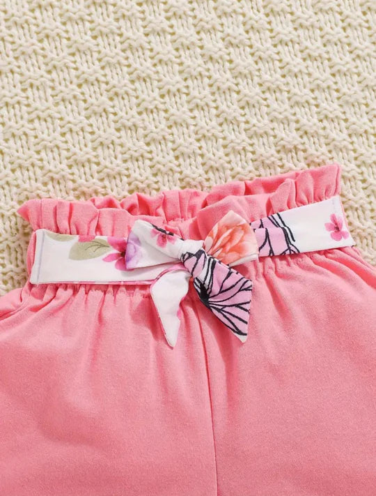 FLORAL & BUTTERFLY PRINT RUFFLE HEM TOP WITH SHORT