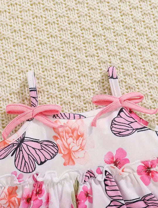 FLORAL & BUTTERFLY PRINT RUFFLE HEM TOP WITH SHORT