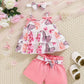 Floral & Butterfly Print Ruffle Hem Top with Short