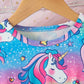 CUTE UNICORN RAINBOW PRINT ROUND NECK SHORT SLEEVE WAIST-CUT DRESS