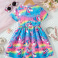 CUTE UNICORN RAINBOW PRINT ROUND NECK SHORT SLEEVE WAIST-CUT DRESS