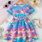 CUTE UNICORN RAINBOW PRINT ROUND NECK SHORT SLEEVE WAIST-CUT DRESS