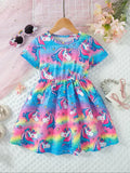 CUTE UNICORN RAINBOW PRINT ROUND NECK SHORT SLEEVE WAIST-CUT DRESS