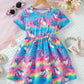Cute Unicorn Rainbow Print Round Neck Short Sleeve Waist-Cut Dress