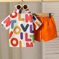 2PCS BABY BOYS LETTER PRINT POLO COLLAR SHIRT & ELASTIC WAIST ORANGE SHORTS SET