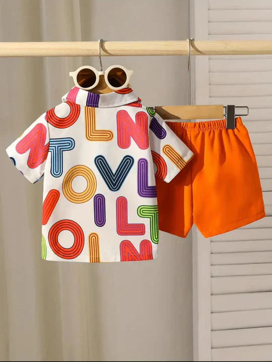 2PCS BABY BOYS LETTER PRINT POLO COLLAR SHIRT & ELASTIC WAIST ORANGE SHORTS SET