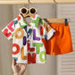 2PCS BABY BOYS LETTER PRINT POLO COLLAR SHIRT & ELASTIC WAIST ORANGE SHORTS SET