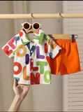 2PCS BABY BOYS LETTER PRINT POLO COLLAR SHIRT & ELASTIC WAIST ORANGE SHORTS SET