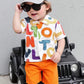 2PCS BABY BOYS LETTER PRINT POLO COLLAR SHIRT & ELASTIC WAIST ORANGE SHORTS SET