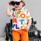 2pcs Baby Boys Letter Print Polo Collar Shirt & Elastic Waist Orange Shorts Set