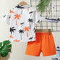 2pcs Baby Boys Tree Print Polo Collar Shirt & Elastic Waist Orange Shorts Set