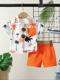 2PCS BABY BOYS TREE PRINT POLO COLLAR SHIRT & ELASTIC WAIST ORANGE SHORTS SET