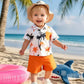 2pcs Baby Boys Tree Print Polo Collar Shirt & Elastic Waist Orange Shorts Set
