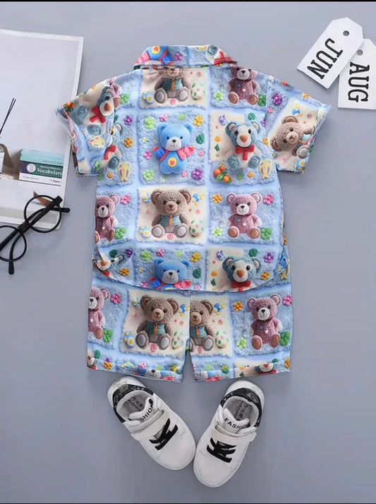 2PCS BABY BOYS BEAR 3D PRINT SHIRT & ELASTIC WAIST SHORTS SET