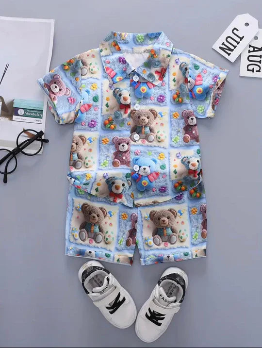 2PCS BABY BOYS BEAR 3D PRINT SHIRT & ELASTIC WAIST SHORTS SET