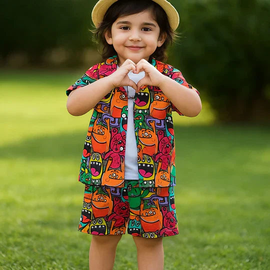 2PCS BABY BOYS CARTOON PRINT SHIRT & ELASTIC WAIST SHORTS SET