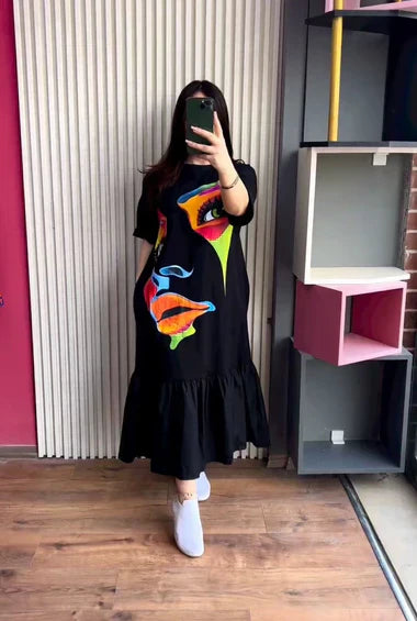 LONG LOOSE PRINTED FRILL TOP TEE