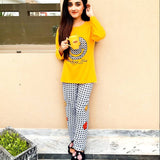 Yellow Full Sleeves Printed Nightwear With Checkered Pajama