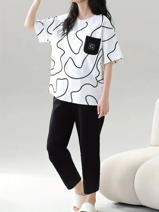 White & Black Printed Women Nightsuit